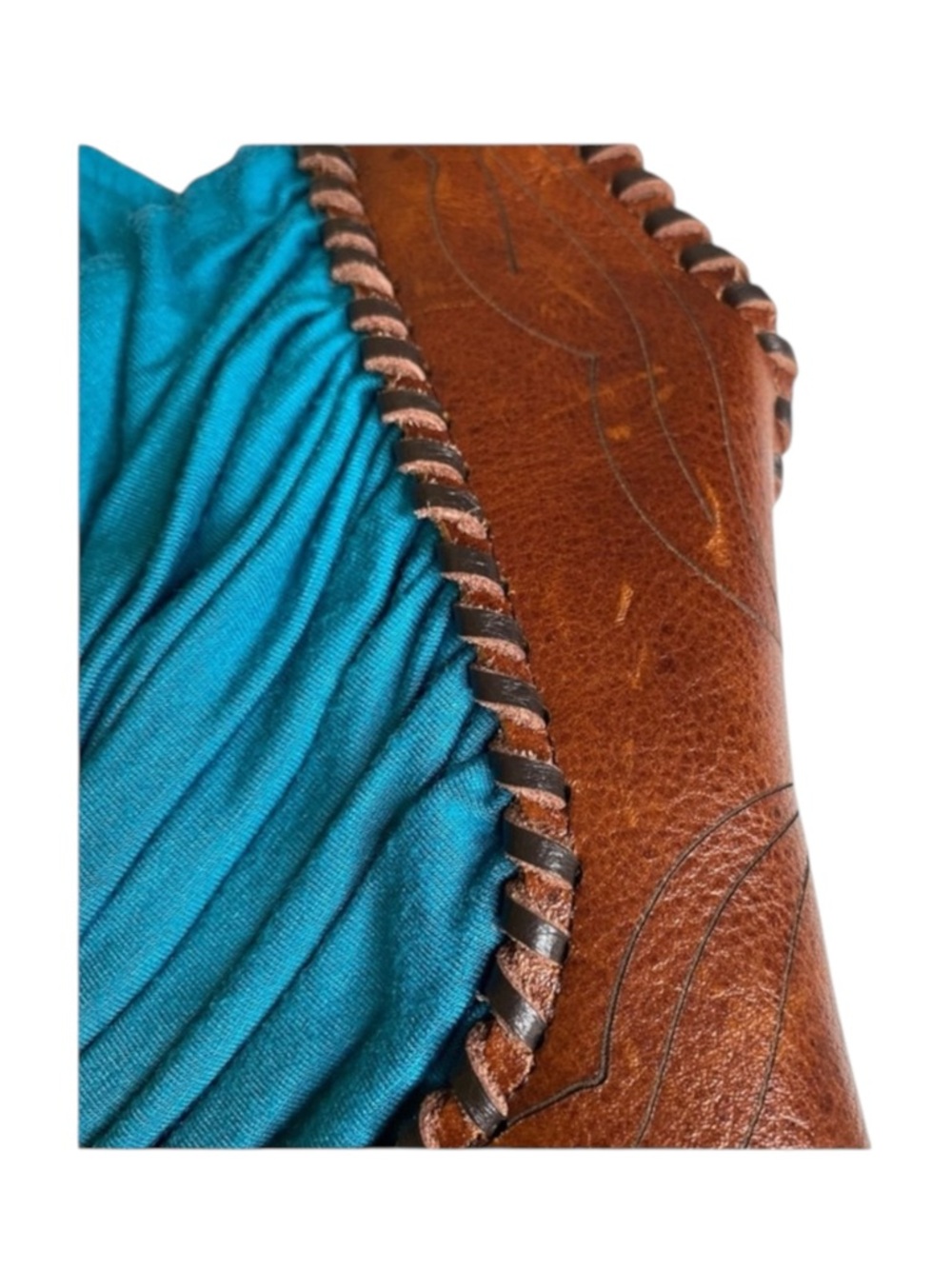 new Sky ☀︎︎ Etched Leather Bodice Embellished Sexy Strappy Silk Top ☀︎︎ Teal - Picture 11 of 16